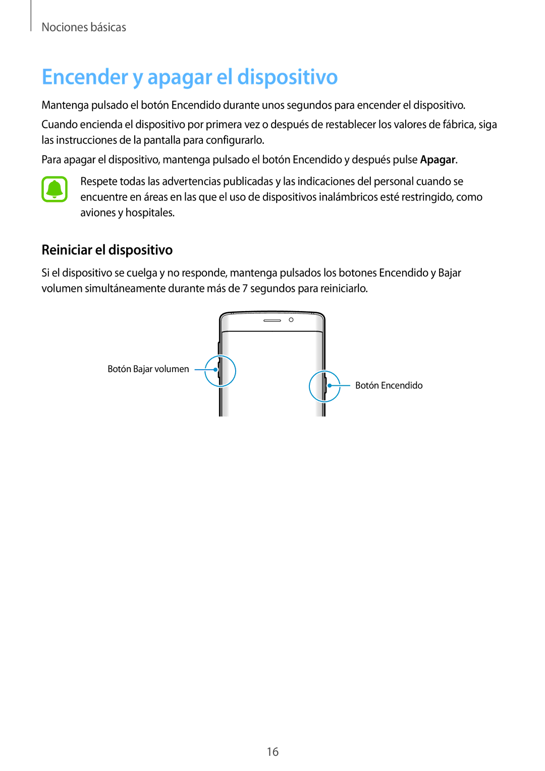 Samsung SM-G928FZKEPHE, SM-G928FZDEPHE, SM-G928FZDAPHE manual Encender y apagar el dispositivo, Reiniciar el dispositivo 