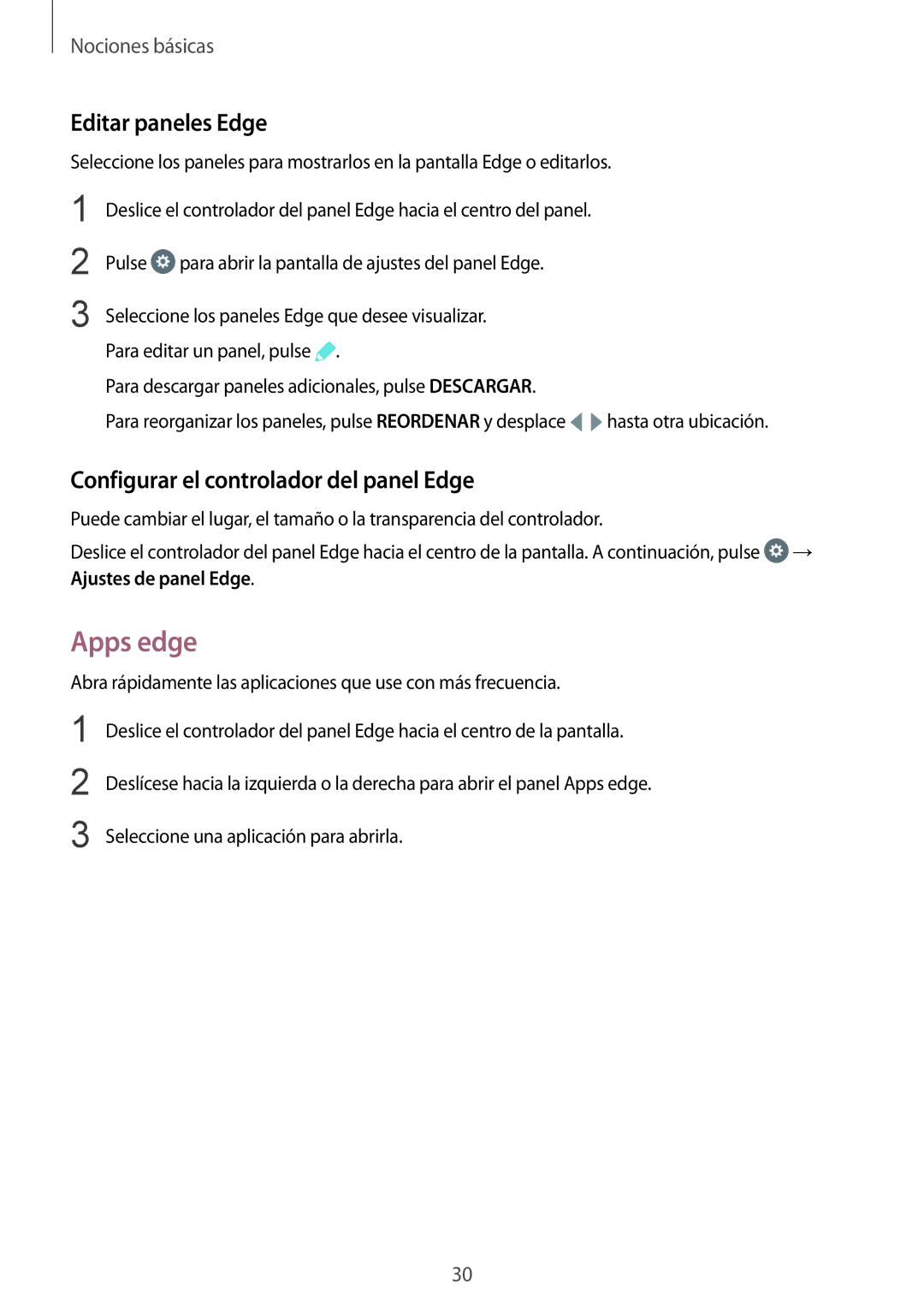 Samsung SM-G928FZDEPHE, SM-G928FZKEPHE manual Apps edge, Editar paneles Edge, Configurar el controlador del panel Edge 