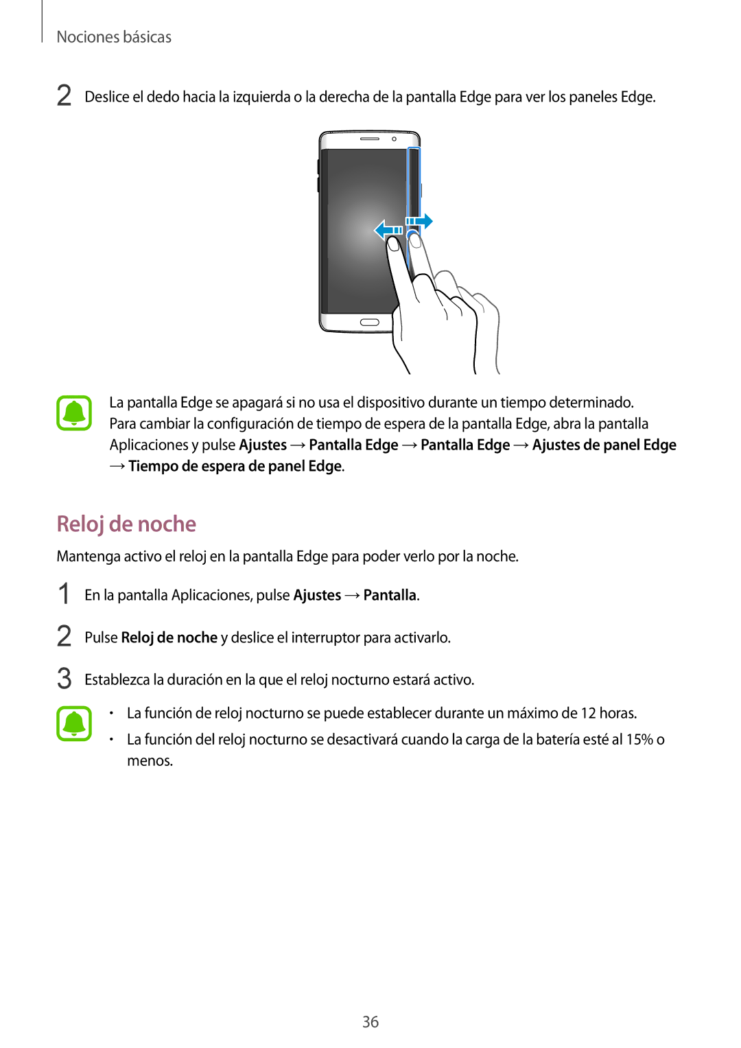 Samsung SM-G928FZKEPHE, SM-G928FZDEPHE, SM-G928FZDAPHE, SM-G928FZSAPHE manual Reloj de noche, → Tiempo de espera de panel Edge 