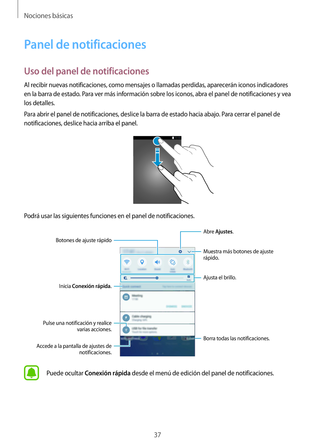 Samsung SM-G928FZDAPHE, SM-G928FZDEPHE, SM-G928FZKEPHE manual Panel de notificaciones, Uso del panel de notificaciones 
