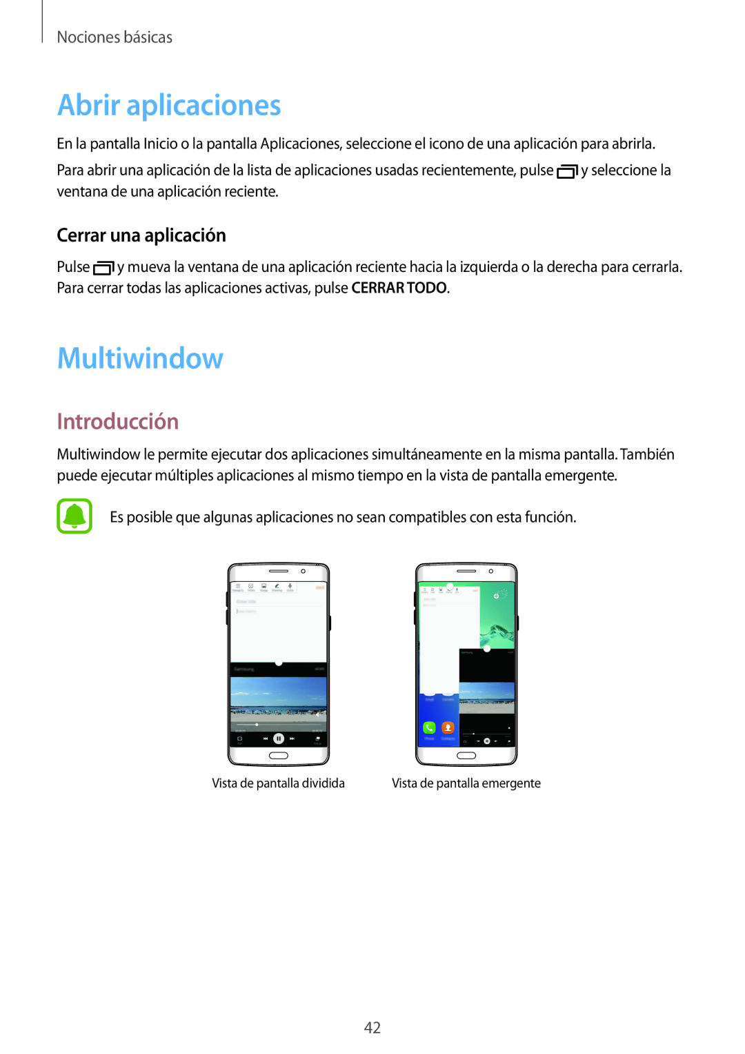 Samsung SM-G928FZDAPHE, SM-G928FZDEPHE, SM-G928FZKEPHE manual Abrir aplicaciones, Multiwindow, Cerrar una aplicación 