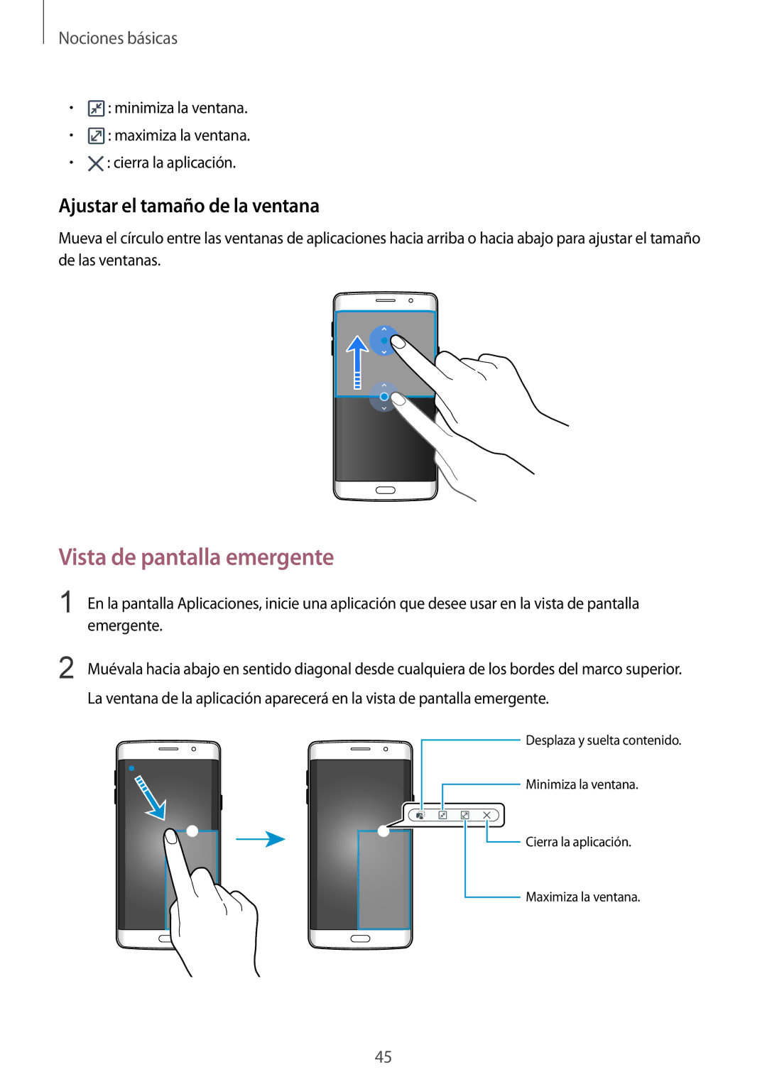 Samsung SM-G928FZDEPHE, SM-G928FZKEPHE, SM-G928FZDAPHE manual Vista de pantalla emergente, Ajustar el tamaño de la ventana 