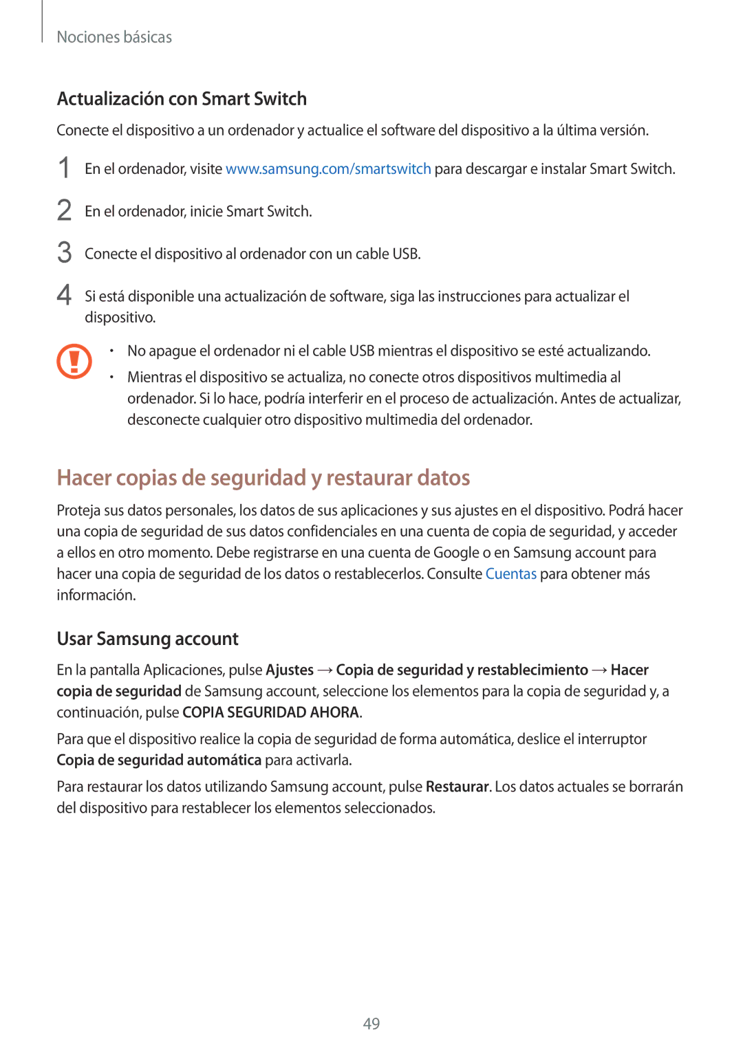 Samsung SM-G928FZKAPHE Hacer copias de seguridad y restaurar datos, Actualización con Smart Switch, Usar Samsung account 