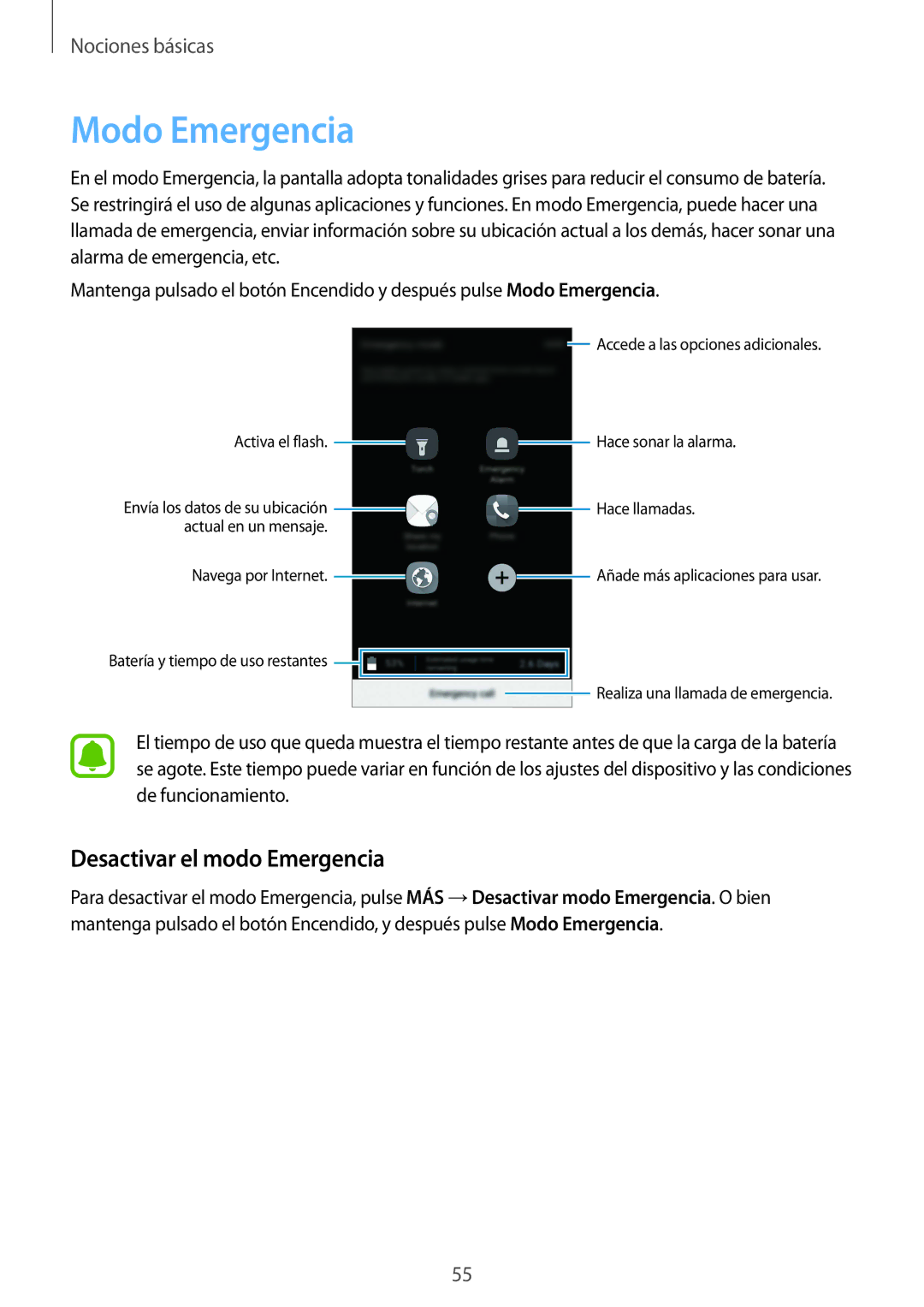 Samsung SM-G928FZDEPHE, SM-G928FZKEPHE, SM-G928FZDAPHE, SM-G928FZSAPHE manual Modo Emergencia, Desactivar el modo Emergencia 