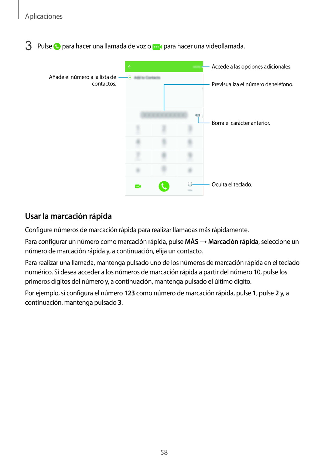 Samsung SM-G928FZSAPHE, SM-G928FZDEPHE, SM-G928FZKEPHE manual Usar la marcación rápida, Pulse para hacer una llamada de voz o 