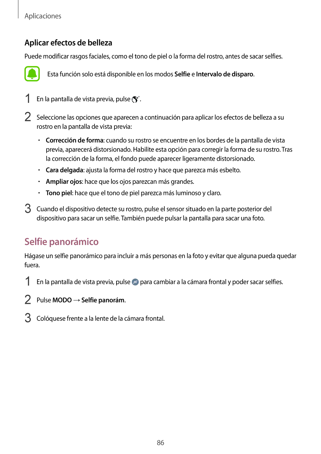 Samsung SM-G928FZKEPHE, SM-G928FZDEPHE manual Selfie panorámico, Aplicar efectos de belleza, Pulse Modo →Selfie panorám 