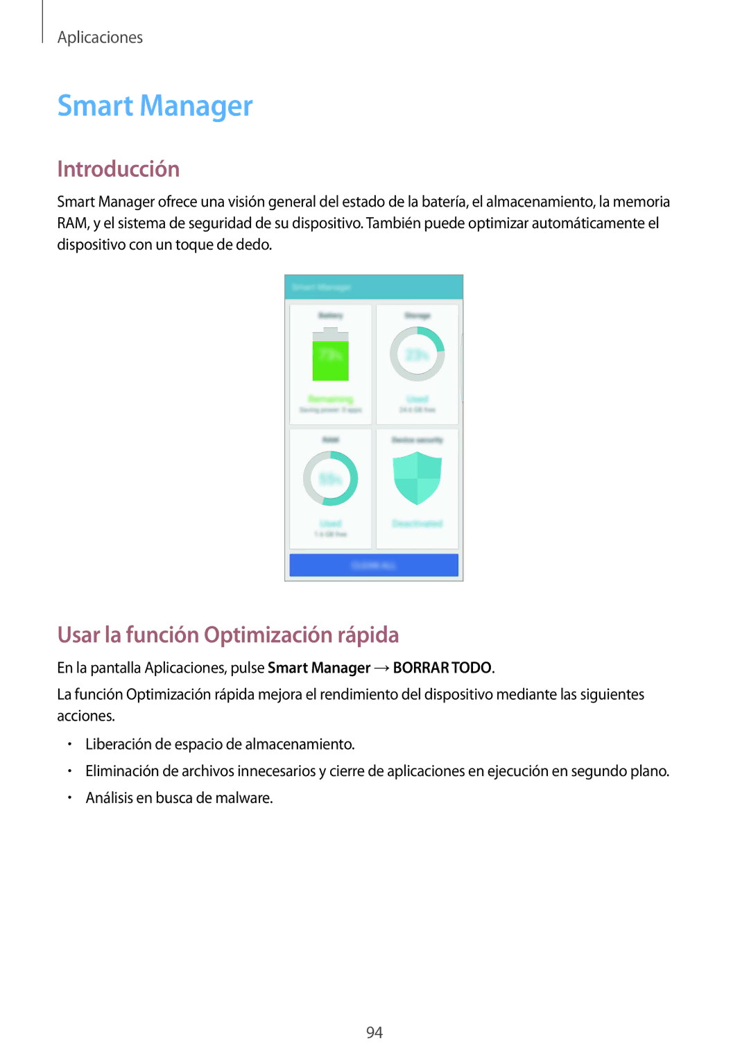 Samsung SM-G928FZKAPHE, SM-G928FZDEPHE, SM-G928FZKEPHE, SM-G928FZDAPHE Smart Manager, Usar la función Optimización rápida 