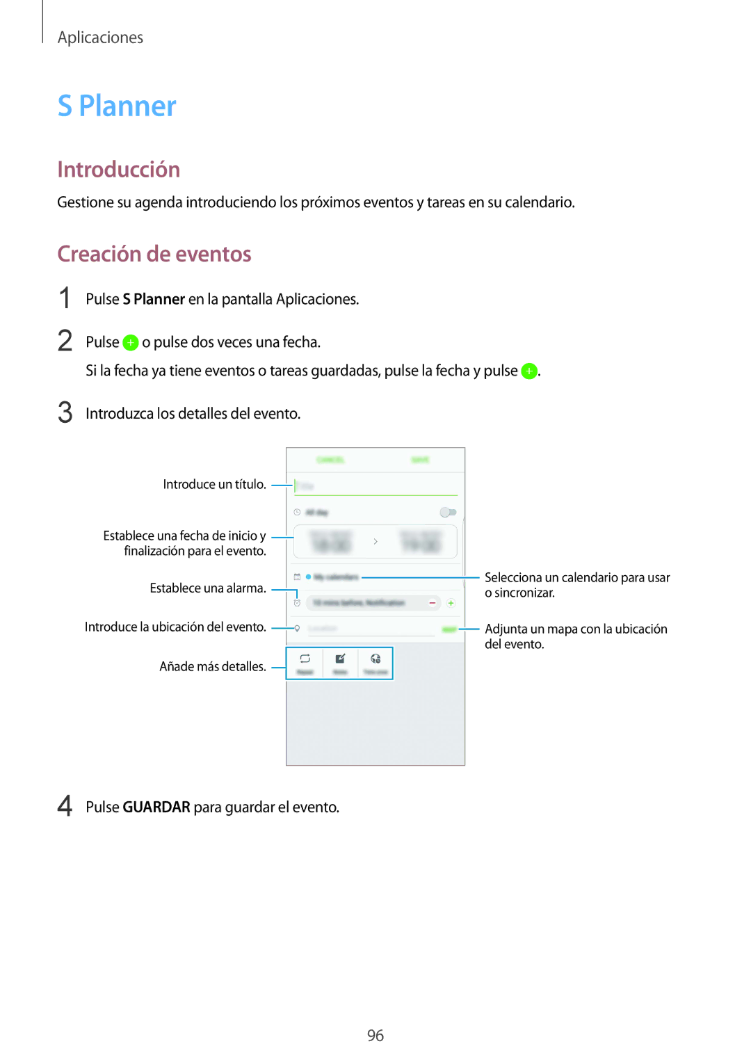 Samsung SM-G928FZKEPHE, SM-G928FZDEPHE, SM-G928FZDAPHE, SM-G928FZSAPHE, SM-G928FZKAPHE manual Planner, Creación de eventos 