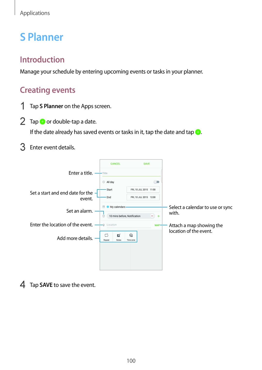 Samsung SM-G928FZDESEB, SM-G928FZKADBT, SM-G928FZSEDBT, SM-G928FZDADBT, SM-G928FZDAXEF manual Planner, Creating events 