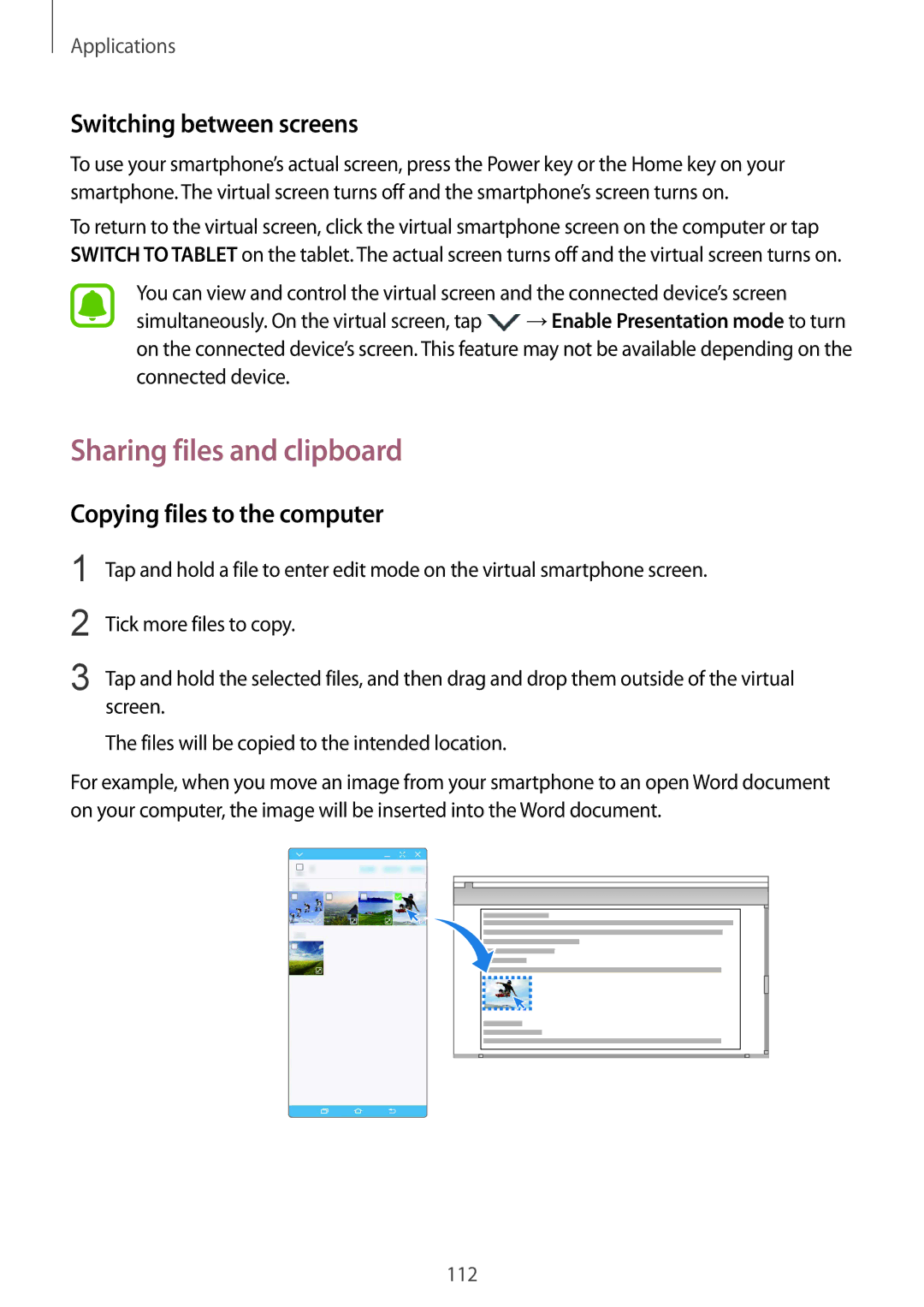 Samsung SM-G928FZKAITV manual Sharing files and clipboard, Switching between screens, Copying files to the computer 