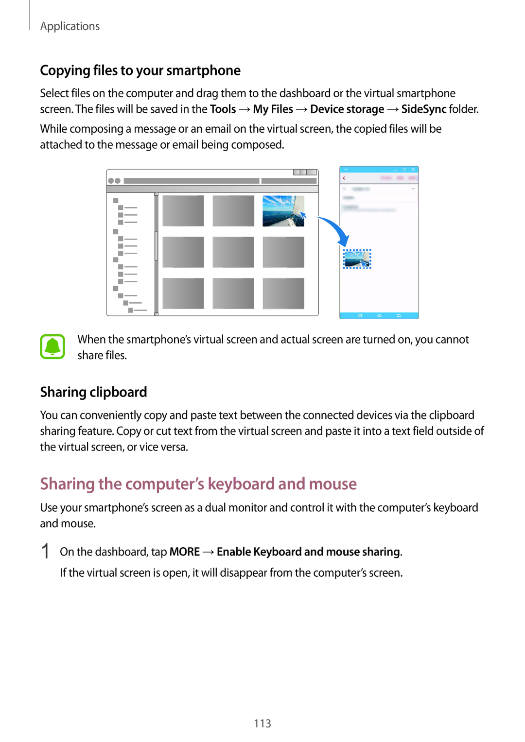 Samsung SM-G928FZSAITV Sharing the computer’s keyboard and mouse, Copying files to your smartphone, Sharing clipboard 