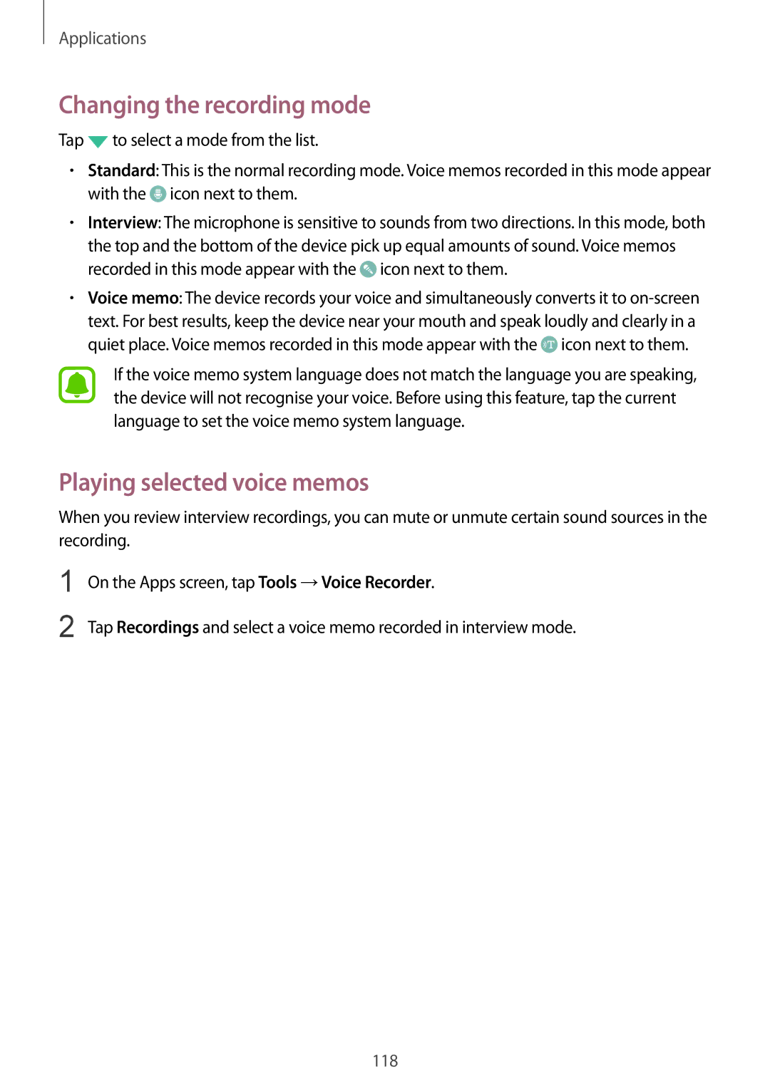 Samsung SM-G928FZKAPHE, SM-G928FZKADBT, SM-G928FZSEDBT manual Changing the recording mode, Playing selected voice memos 