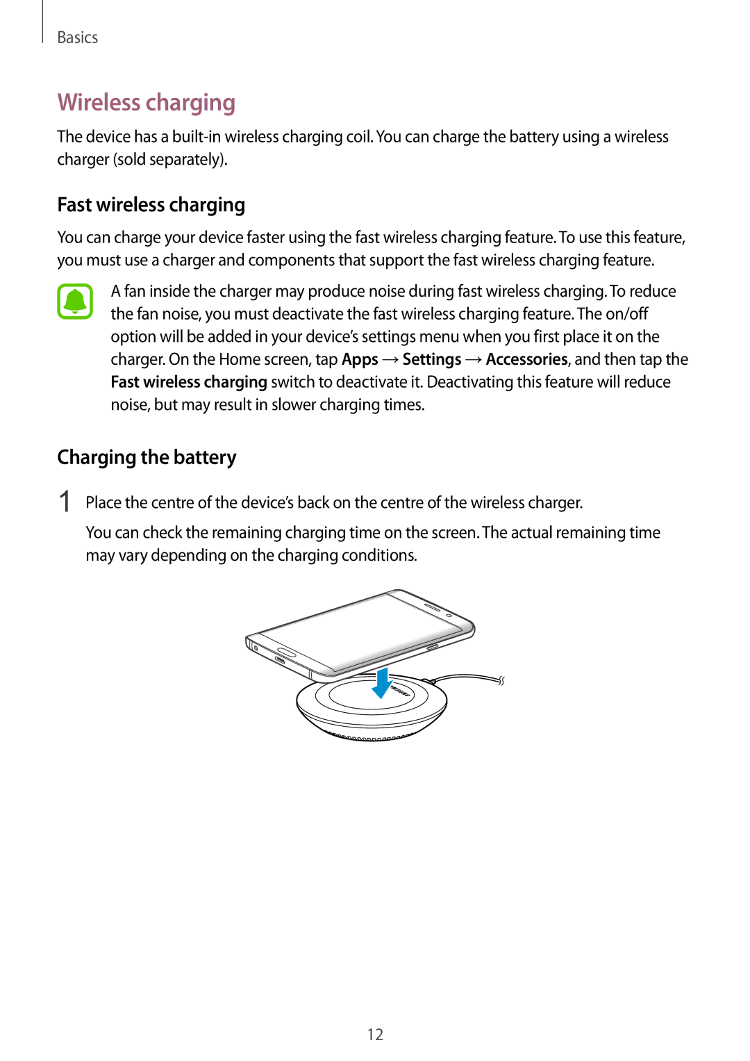 Samsung SM-G928FZKEPHE, SM-G928FZKADBT, SM-G928FZSEDBT manual Wireless charging, Fast wireless charging, Charging the battery 