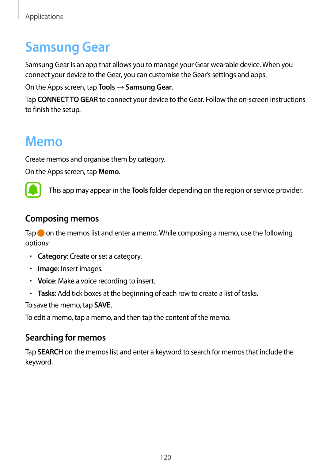Samsung SM-G928CZSAKSA, SM-G928FZKADBT, SM-G928FZSEDBT manual Samsung Gear, Memo, Composing memos, Searching for memos 