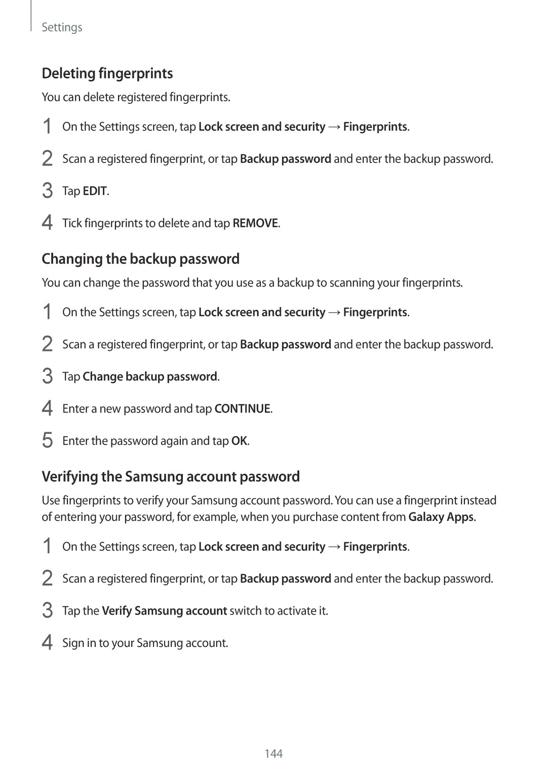 Samsung SM-G928FZDAXEH manual Deleting fingerprints, Changing the backup password, Verifying the Samsung account password 