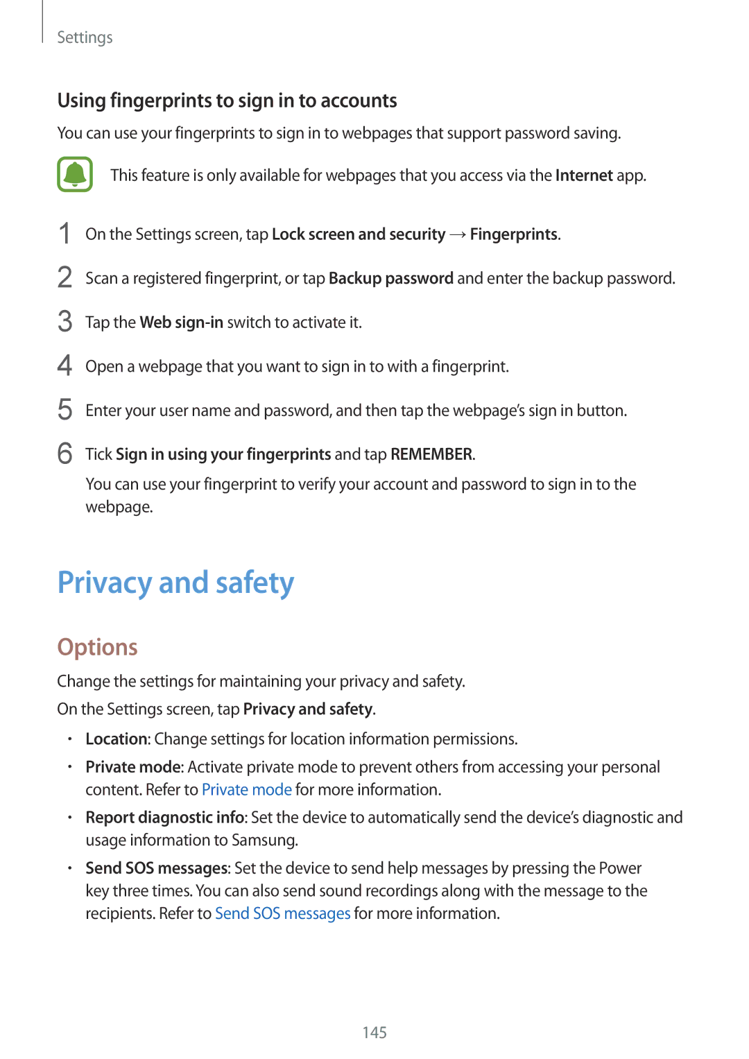 Samsung SM2G928FZKETMZ, SM-G928FZKADBT, SM-G928FZSEDBT manual Privacy and safety, Using fingerprints to sign in to accounts 