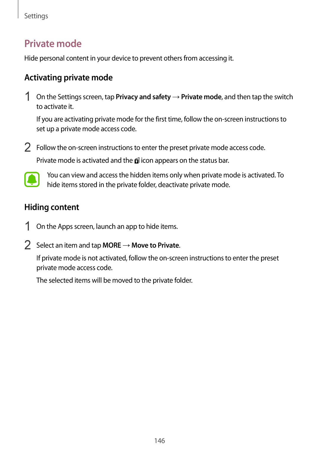 Samsung SM2G928FZKEETL, SM-G928FZKADBT, SM-G928FZSEDBT, SM-G928FZDADBT Private mode, Activating private mode, Hiding content 