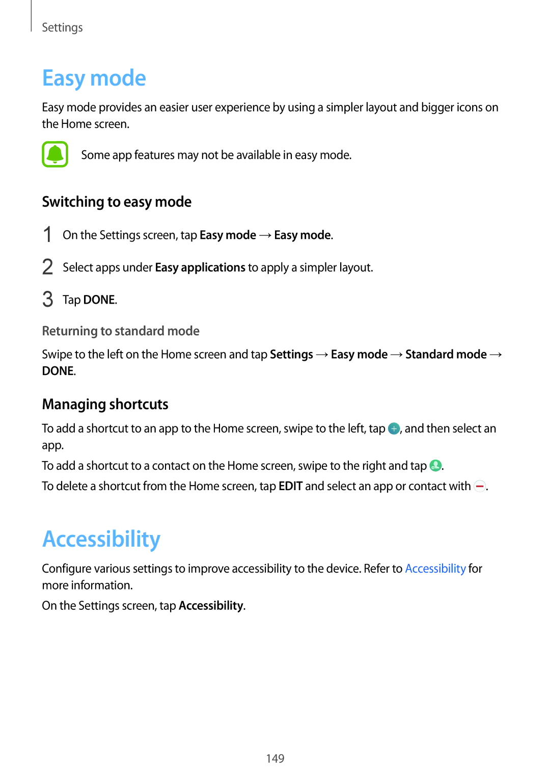 Samsung SM-G928FZSAETL, SM-G928FZKADBT, SM-G928FZSEDBT Easy mode, Accessibility, Switching to easy mode, Managing shortcuts 