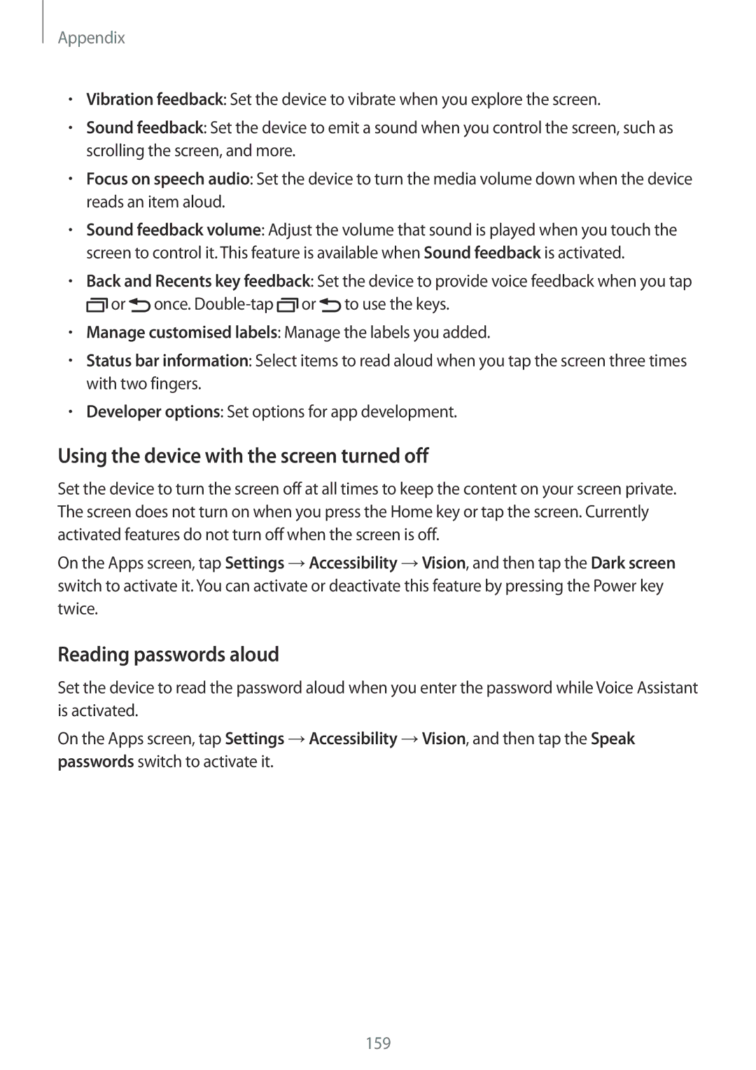 Samsung SM-G928FZDATMH, SM-G928FZKADBT, SM-G928FZSEDBT Using the device with the screen turned off, Reading passwords aloud 