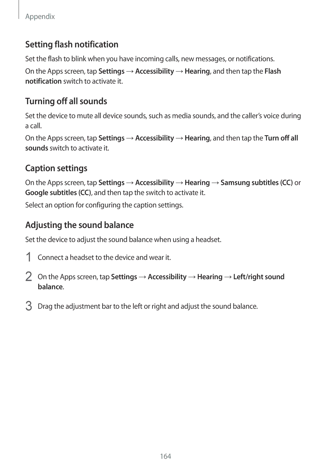 Samsung SM-G928FZDAXEO Setting flash notification, Turning off all sounds, Caption settings, Adjusting the sound balance 