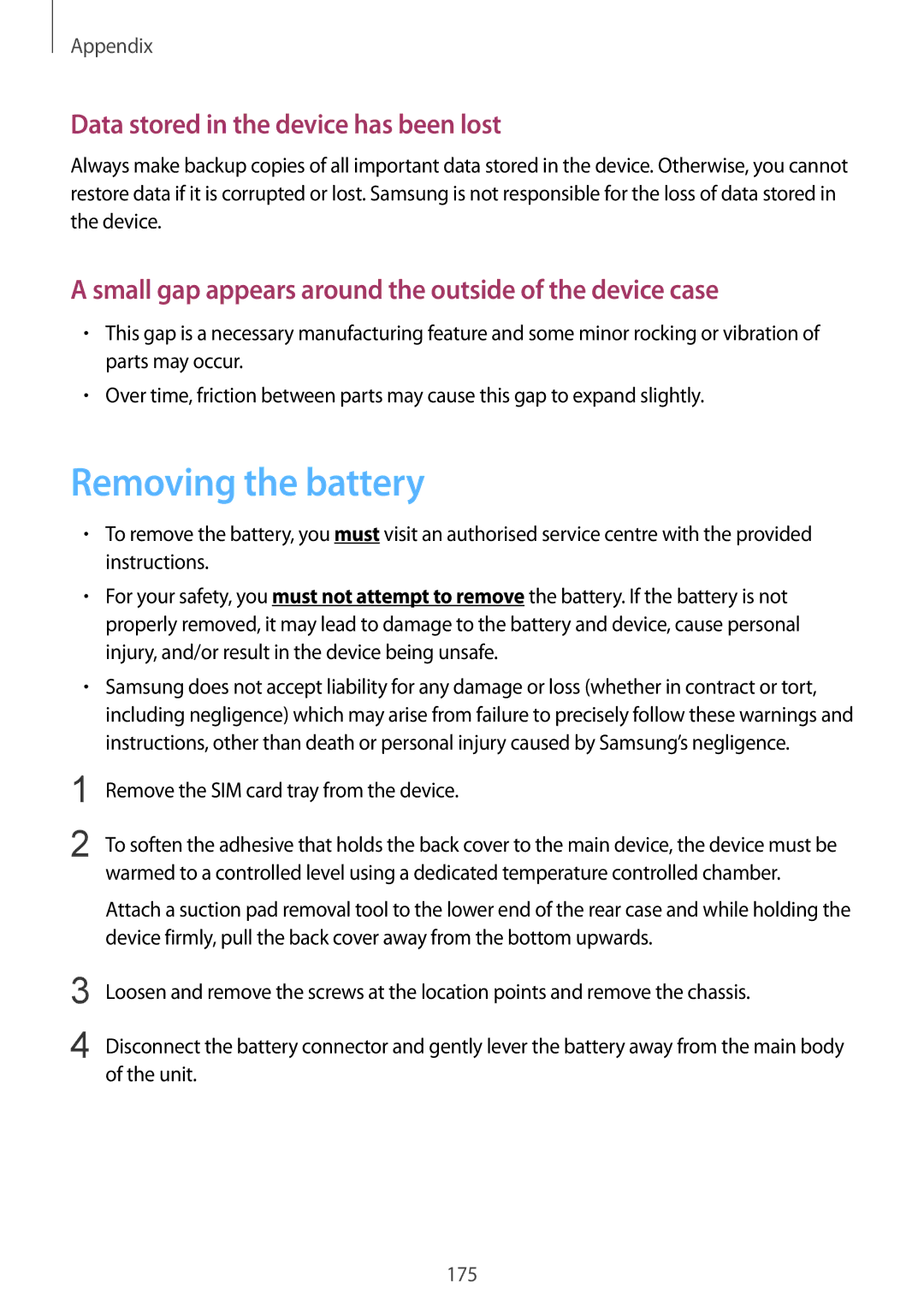 Samsung SM-G928FZDAAUT, SM-G928FZKADBT, SM-G928FZSEDBT manual Removing the battery, Data stored in the device has been lost 