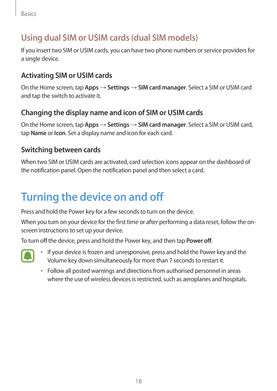 Samsung SM-G928CZWAKSA, SM-G928FZKADBT manual Turning the device on and off, Using dual SIM or Usim cards dual SIM models 