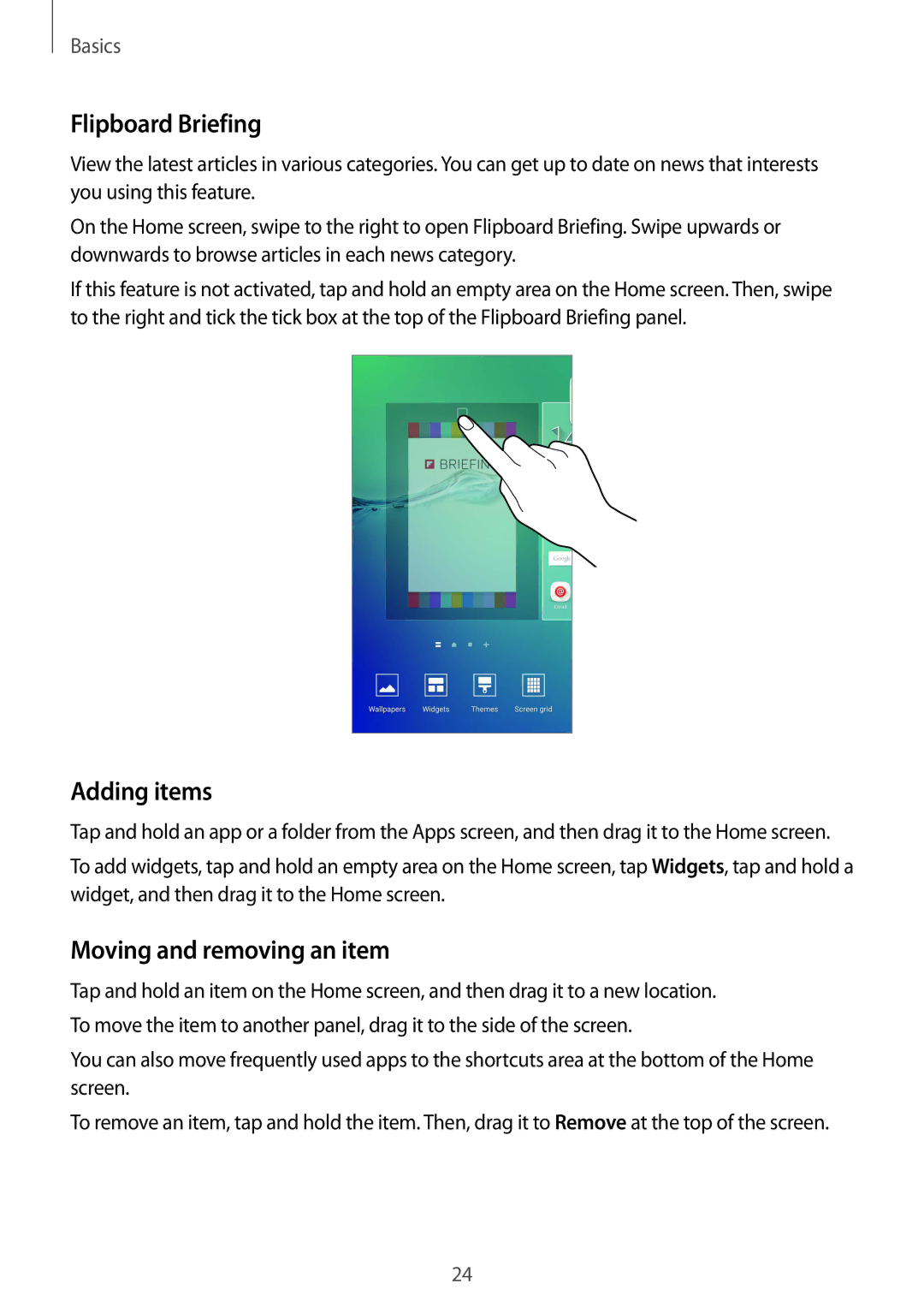 Samsung SM-G928FZDEROM, SM-G928FZKADBT, SM-G928FZSEDBT manual Flipboard Briefing, Adding items, Moving and removing an item 