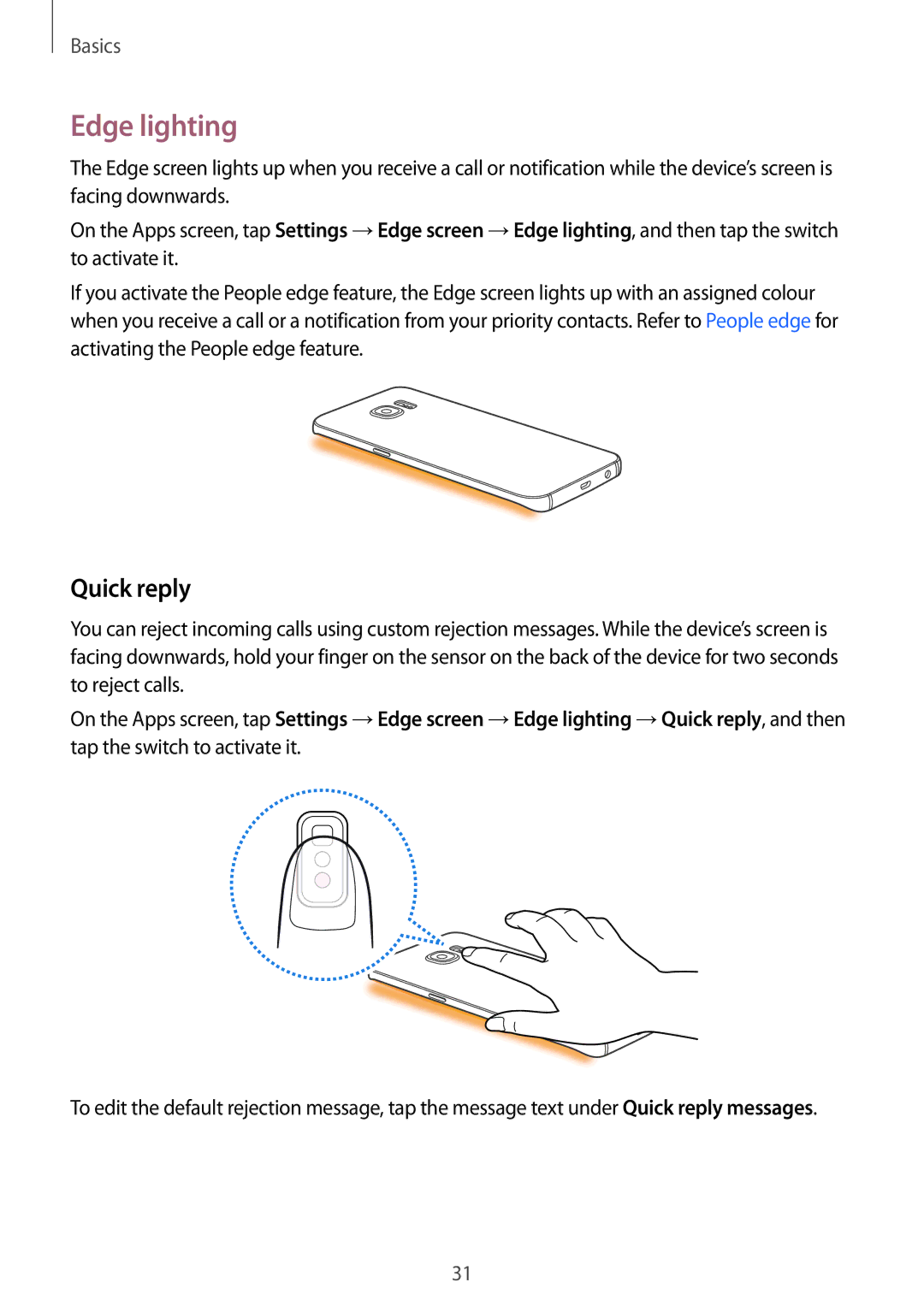 Samsung SM2G928FZKAETL, SM-G928FZKADBT, SM-G928FZSEDBT, SM-G928FZDADBT, SM-G928FZDAXEF manual Edge lighting, Quick reply 