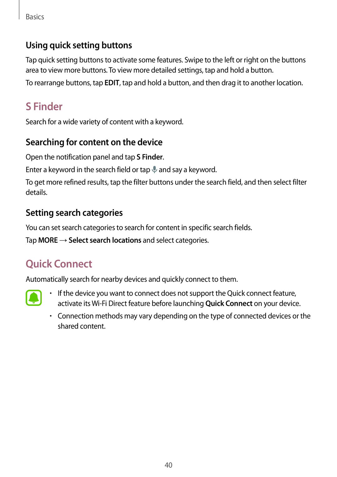 Samsung SM-G928FZDEXEH manual Finder, Quick Connect, Using quick setting buttons, Searching for content on the device 