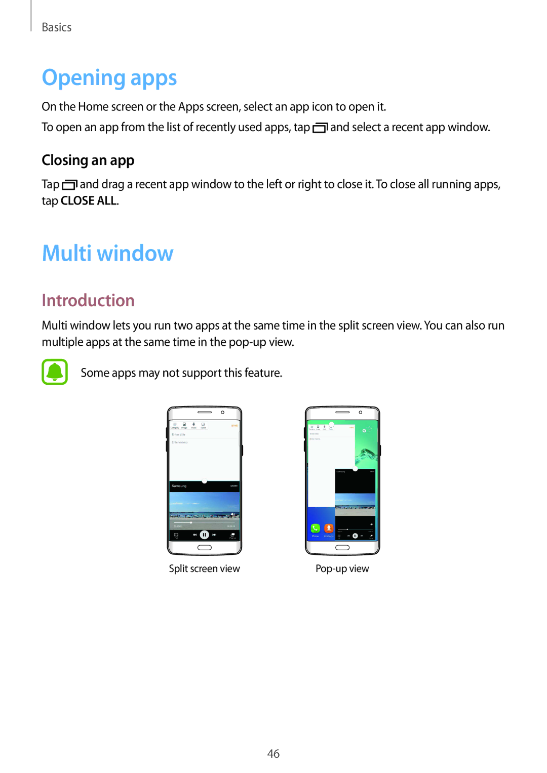 Samsung SM-G928FZSAETL, SM-G928FZKADBT, SM-G928FZSEDBT, SM-G928FZDADBT manual Opening apps, Multi window, Closing an app 