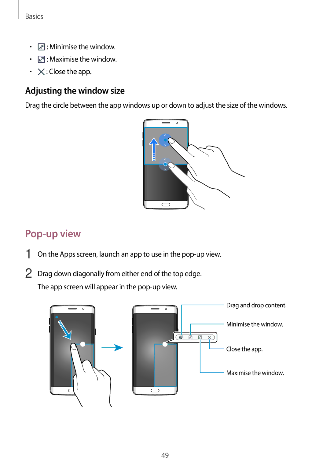 Samsung SM-G928FZKASWC, SM-G928FZKADBT, SM-G928FZSEDBT, SM-G928FZDADBT, SM-G928FZDAXEF Pop-up view, Adjusting the window size 