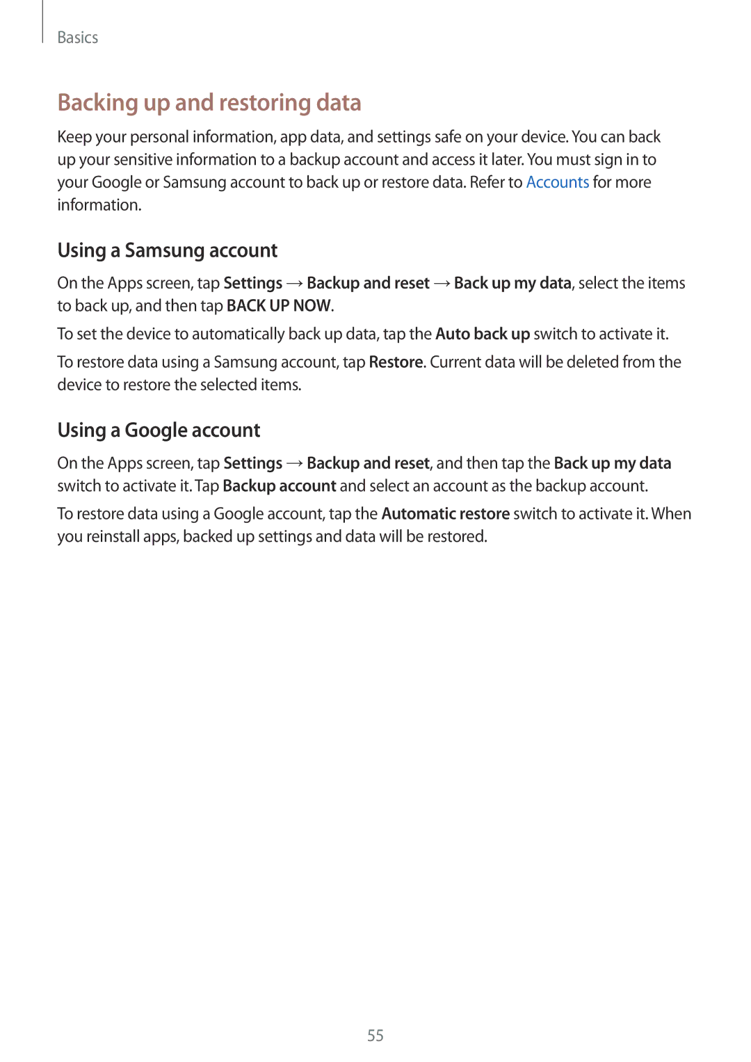 Samsung SM-G928FZDAVGR, SM-G928FZKADBT manual Backing up and restoring data, Using a Samsung account, Using a Google account 