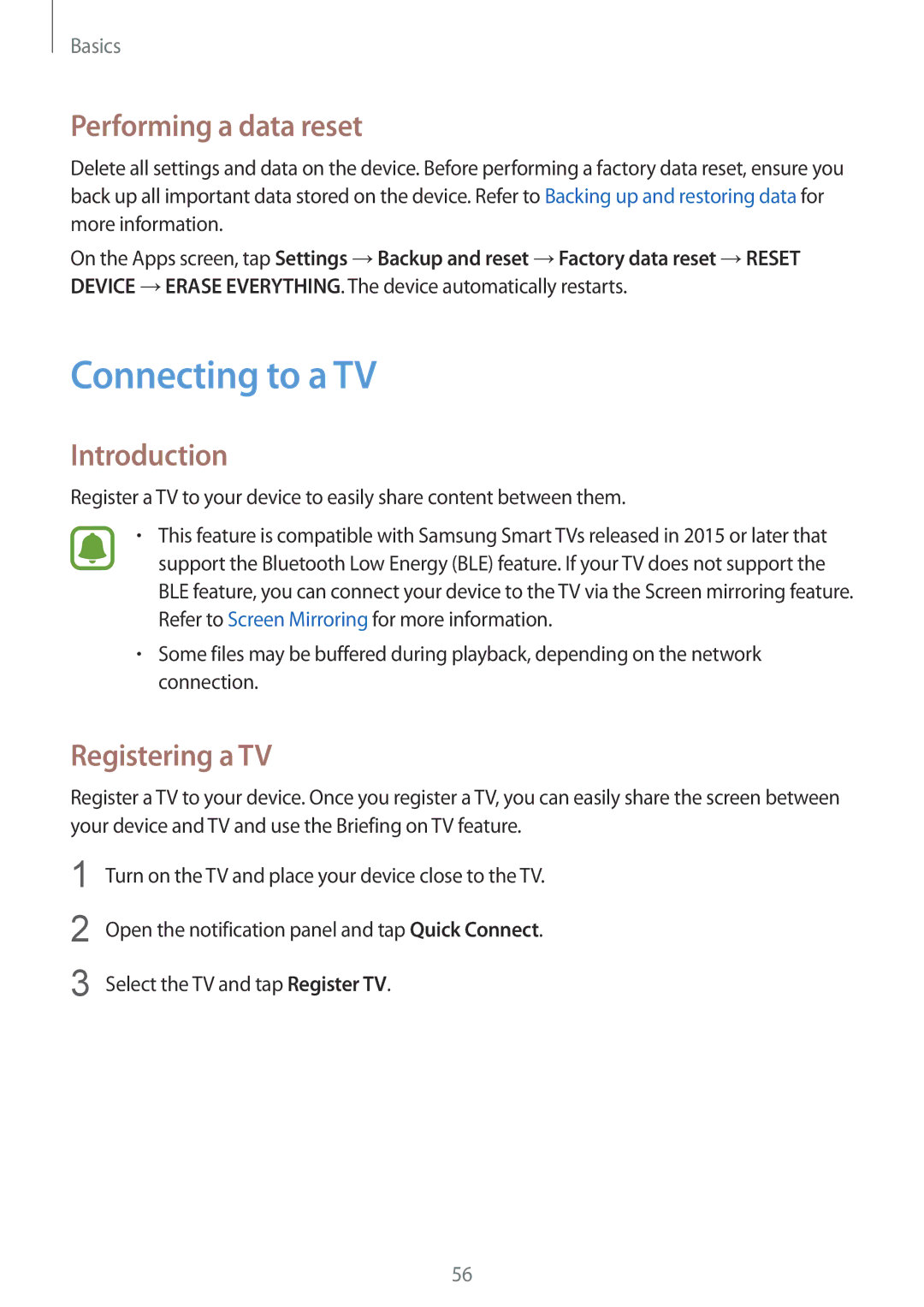 Samsung SM-G928FZDATMH, SM-G928FZKADBT, SM-G928FZSEDBT manual Connecting to a TV, Performing a data reset, Registering a TV 