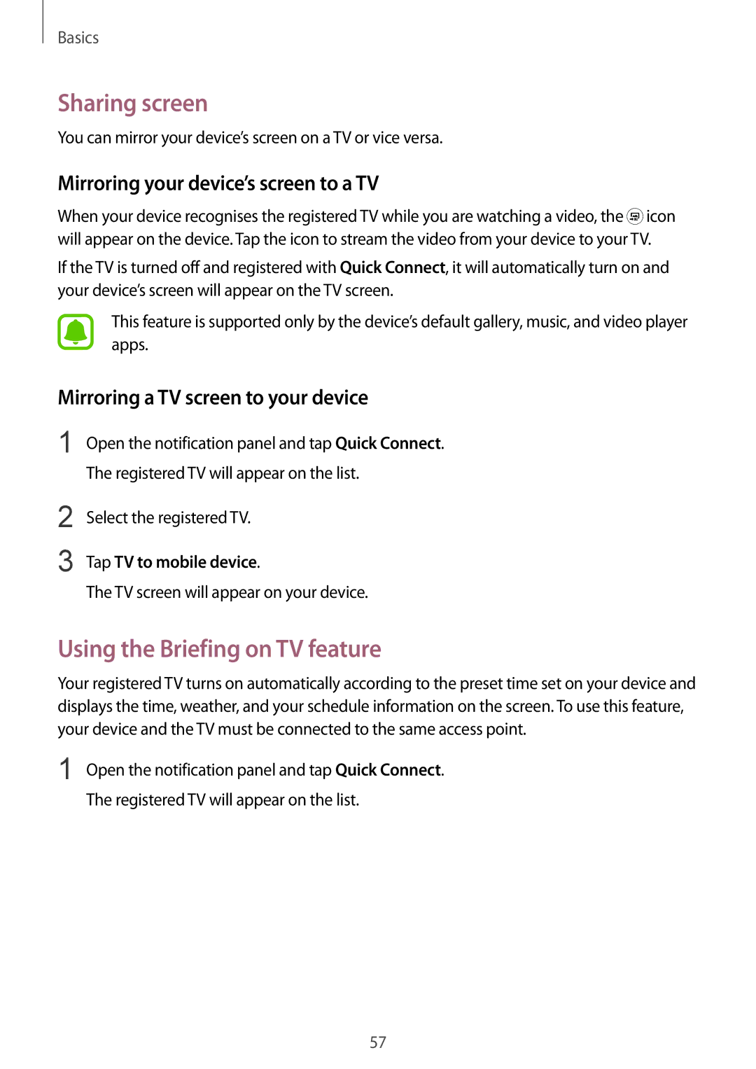 Samsung SM-G928FZSETMZ manual Sharing screen, Using the Briefing on TV feature, Mirroring your device’s screen to a TV 