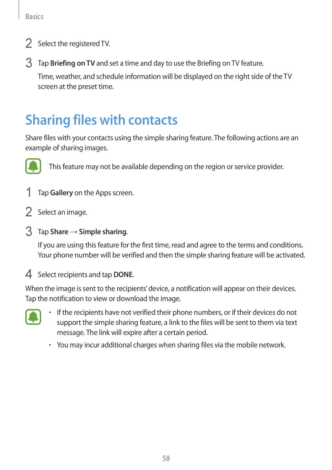 Samsung SM-G928FZKEVDC, SM-G928FZKADBT, SM-G928FZSEDBT manual Sharing files with contacts, Tap Share →Simple sharing 