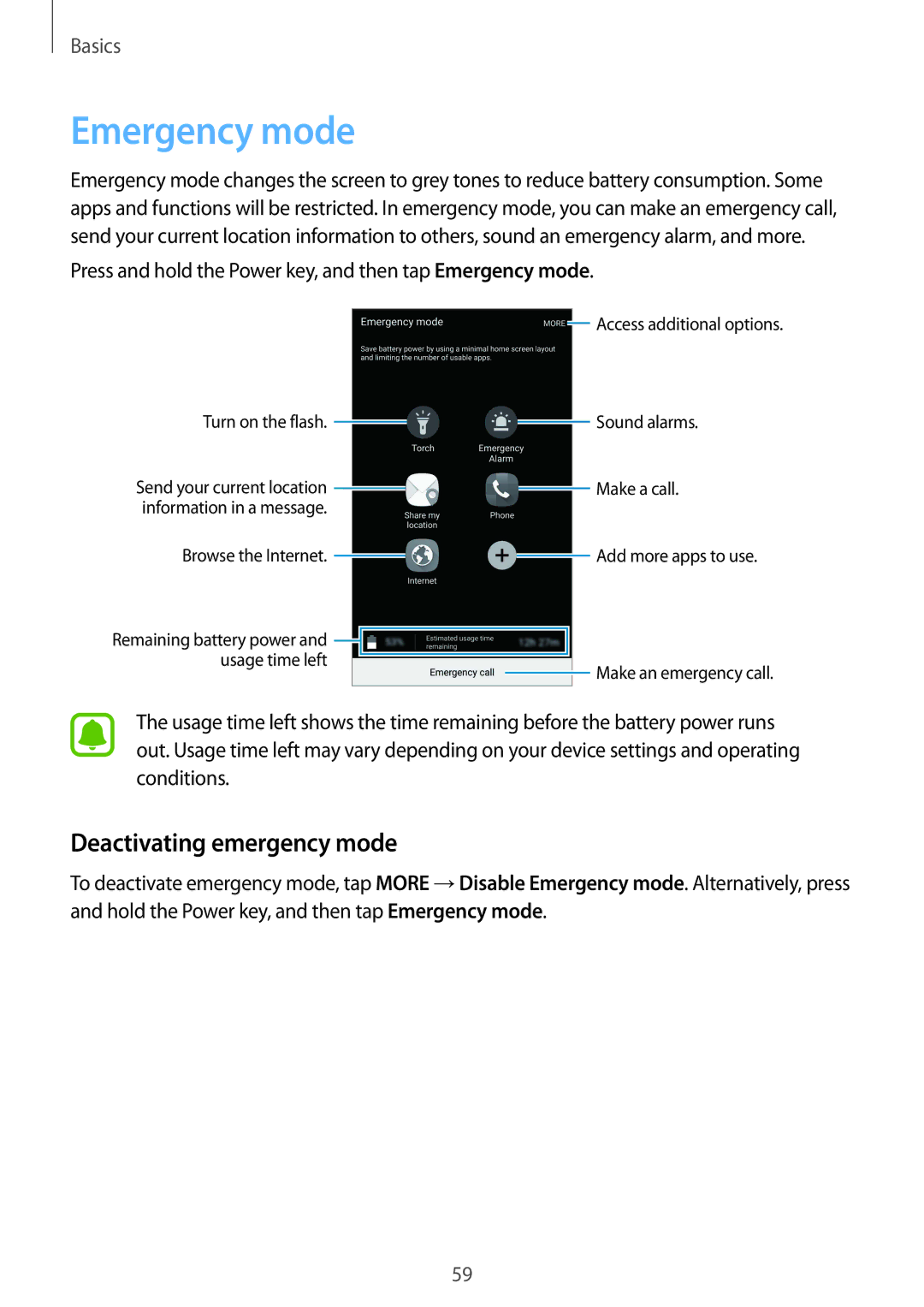 Samsung SM-G928FZKATMH, SM-G928FZKADBT, SM-G928FZSEDBT, SM-G928FZDADBT manual Emergency mode, Deactivating emergency mode 