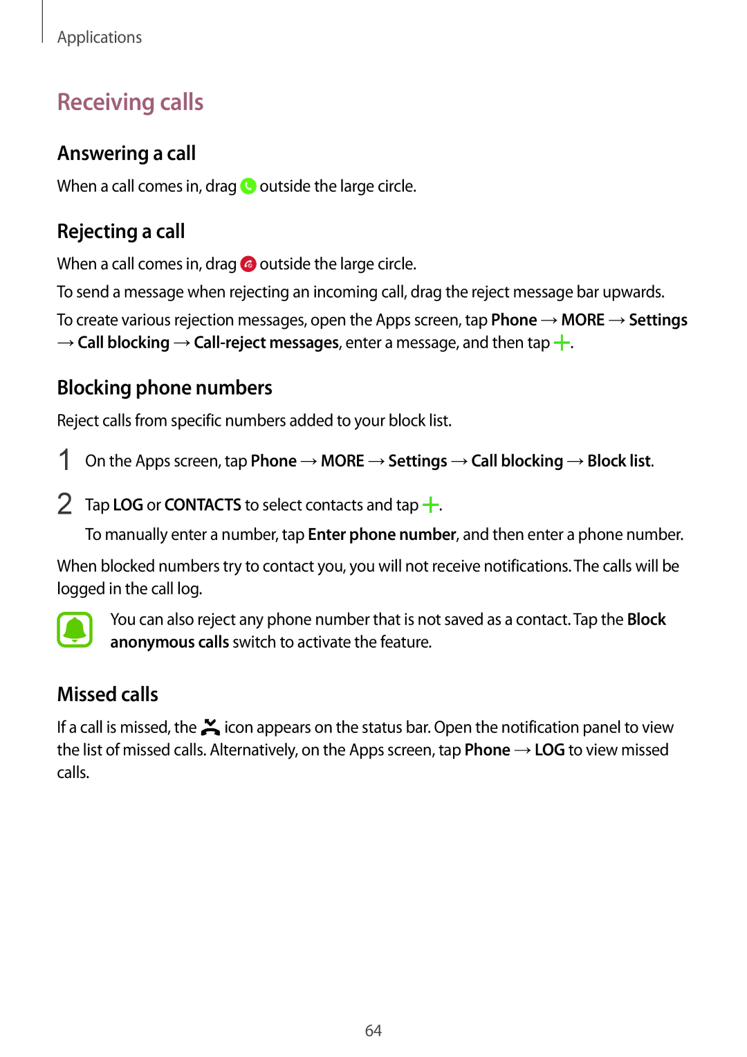 Samsung SM-G928FZDAATO manual Receiving calls, Answering a call, Rejecting a call, Blocking phone numbers, Missed calls 