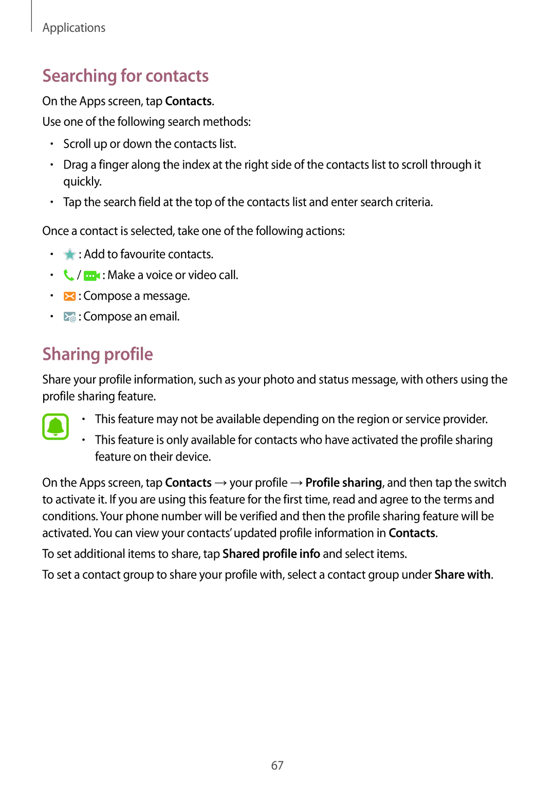 Samsung SM-G928FZKEETL, SM-G928FZKADBT, SM-G928FZSEDBT, SM-G928FZDADBT manual Searching for contacts, Sharing profile 