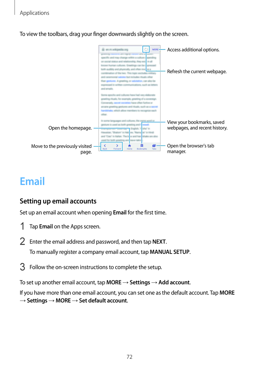 Samsung SM-G928FZDAAUT, SM-G928FZKADBT, SM-G928FZSEDBT Setting up email accounts, → Settings →MORE →Set default account 