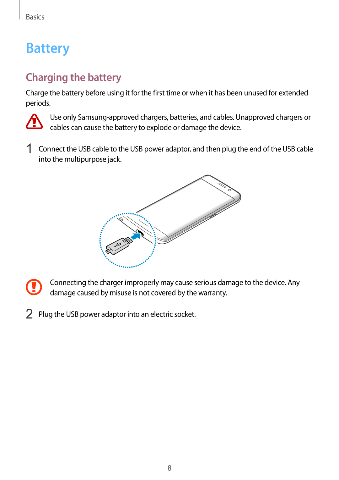 Samsung SM-G928FZDEITV, SM-G928FZKADBT, SM-G928FZSEDBT, SM-G928FZDADBT, SM-G928FZDAXEF manual Battery, Charging the battery 