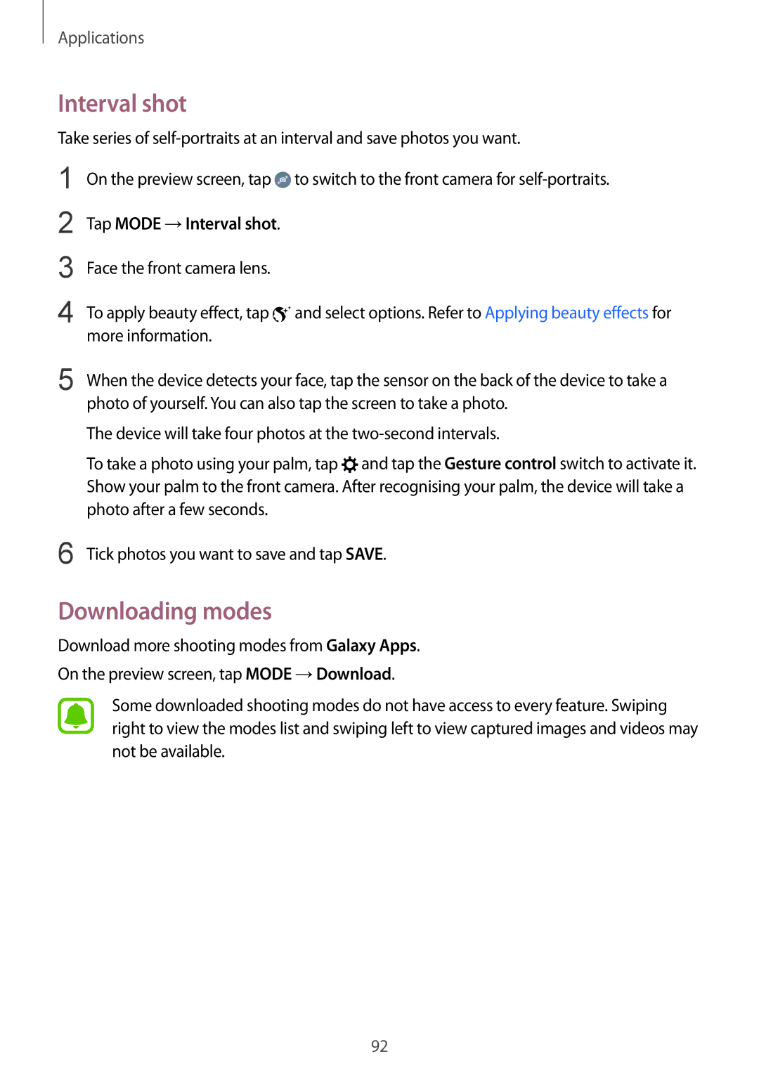 Samsung SM-G928FZDAVDH, SM-G928FZKADBT, SM-G928FZSEDBT, SM-G928FZDADBT manual Downloading modes, Tap Mode →Interval shot 