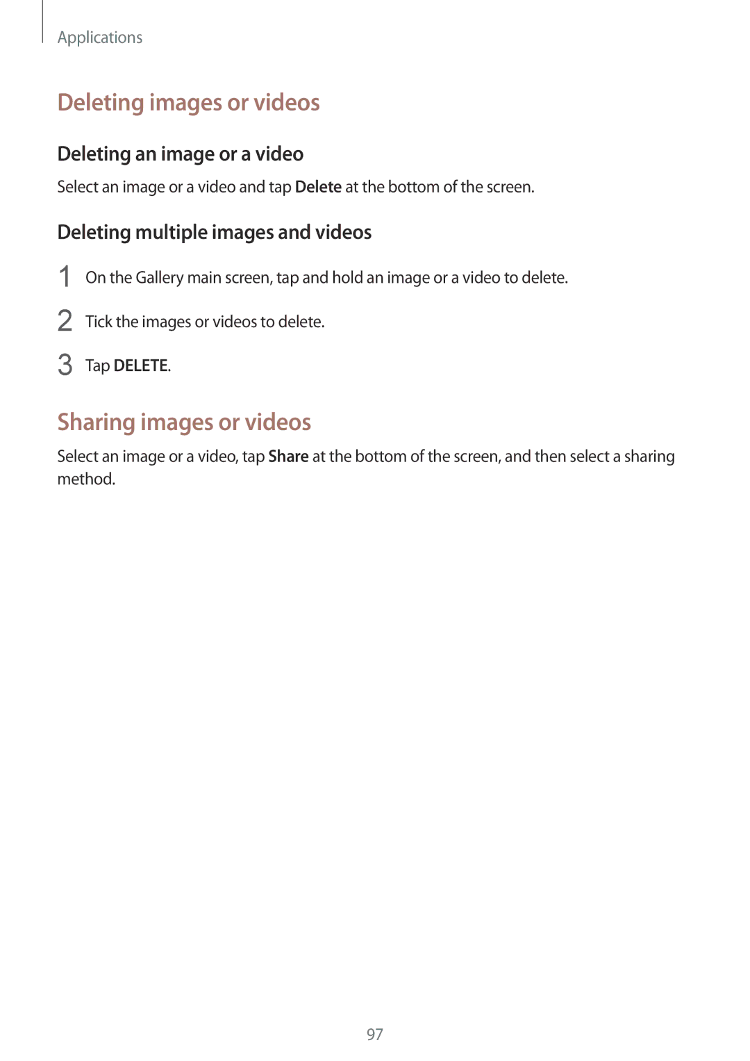 Samsung SM-G928FZDASEB manual Deleting images or videos, Sharing images or videos, Deleting an image or a video, Tap Delete 