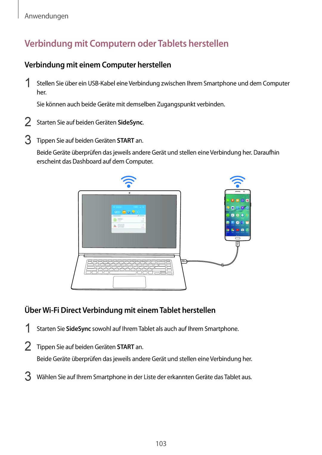 Samsung SM-G928FZSEDBT manual Verbindung mit Computern oder Tablets herstellen, Verbindung mit einem Computer herstellen 