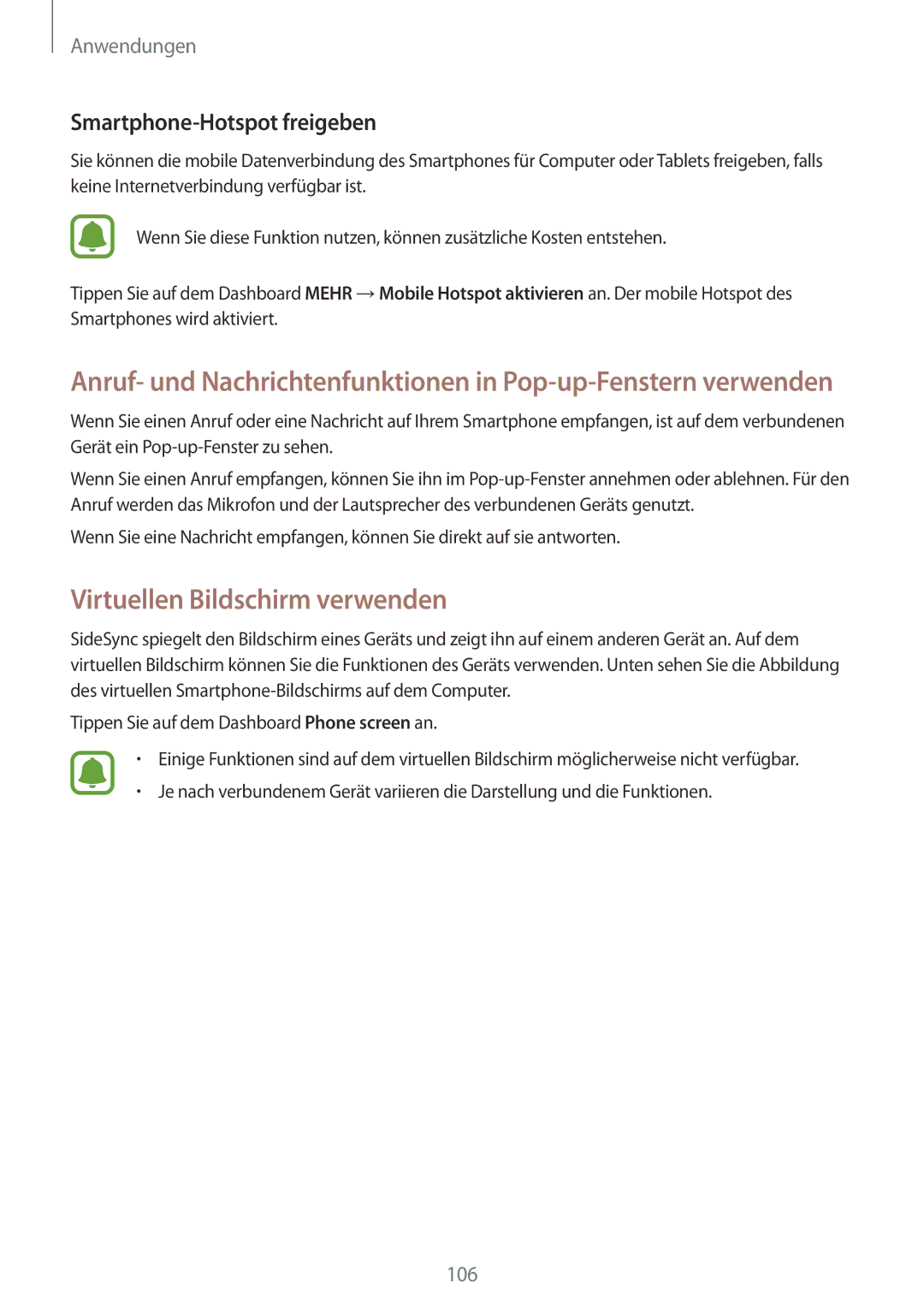 Samsung SM-G928FZSEDBT, SM-G928FZKADBT, SM-G928FZDADBT manual Virtuellen Bildschirm verwenden, Smartphone-Hotspot freigeben 