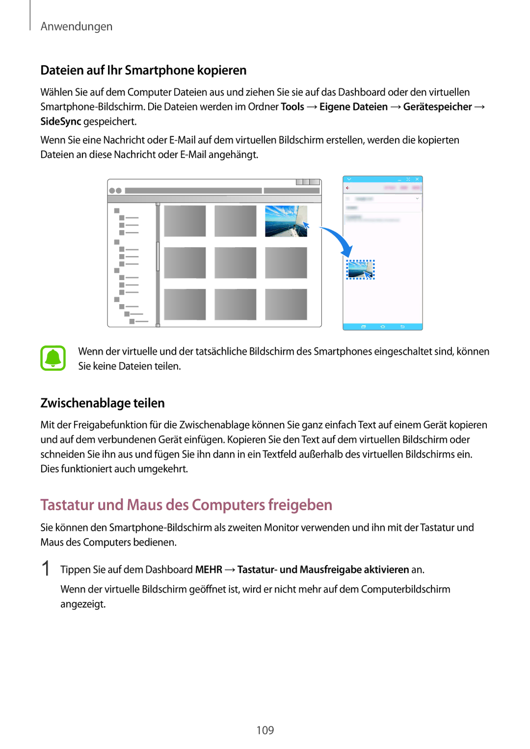 Samsung SM-G928FZSEDBT, SM-G928FZKADBT manual Tastatur und Maus des Computers freigeben, Dateien auf Ihr Smartphone kopieren 