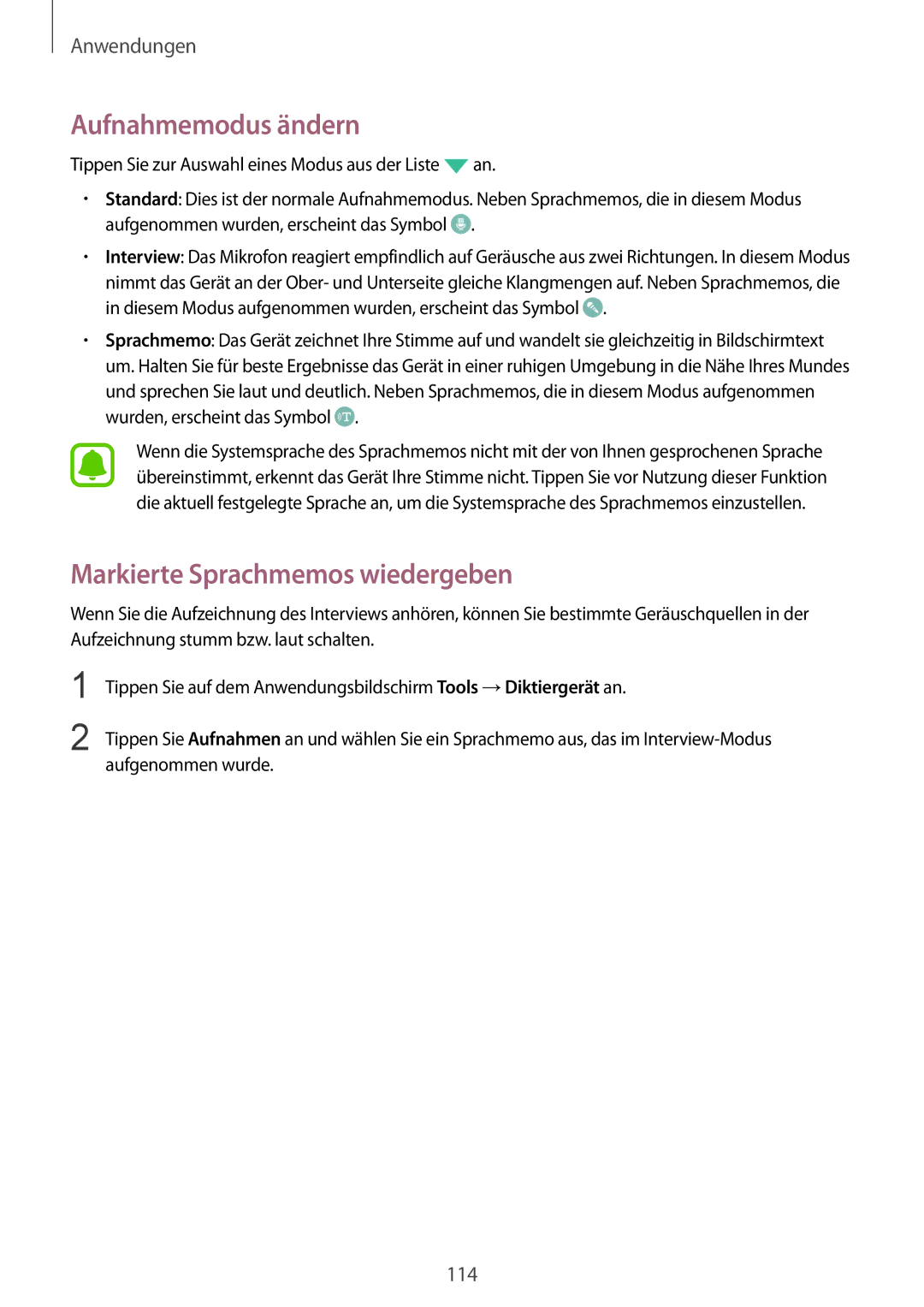 Samsung SM-G928FZKADBT, SM-G928FZSEDBT, SM-G928FZDADBT manual Aufnahmemodus ändern, Markierte Sprachmemos wiedergeben 