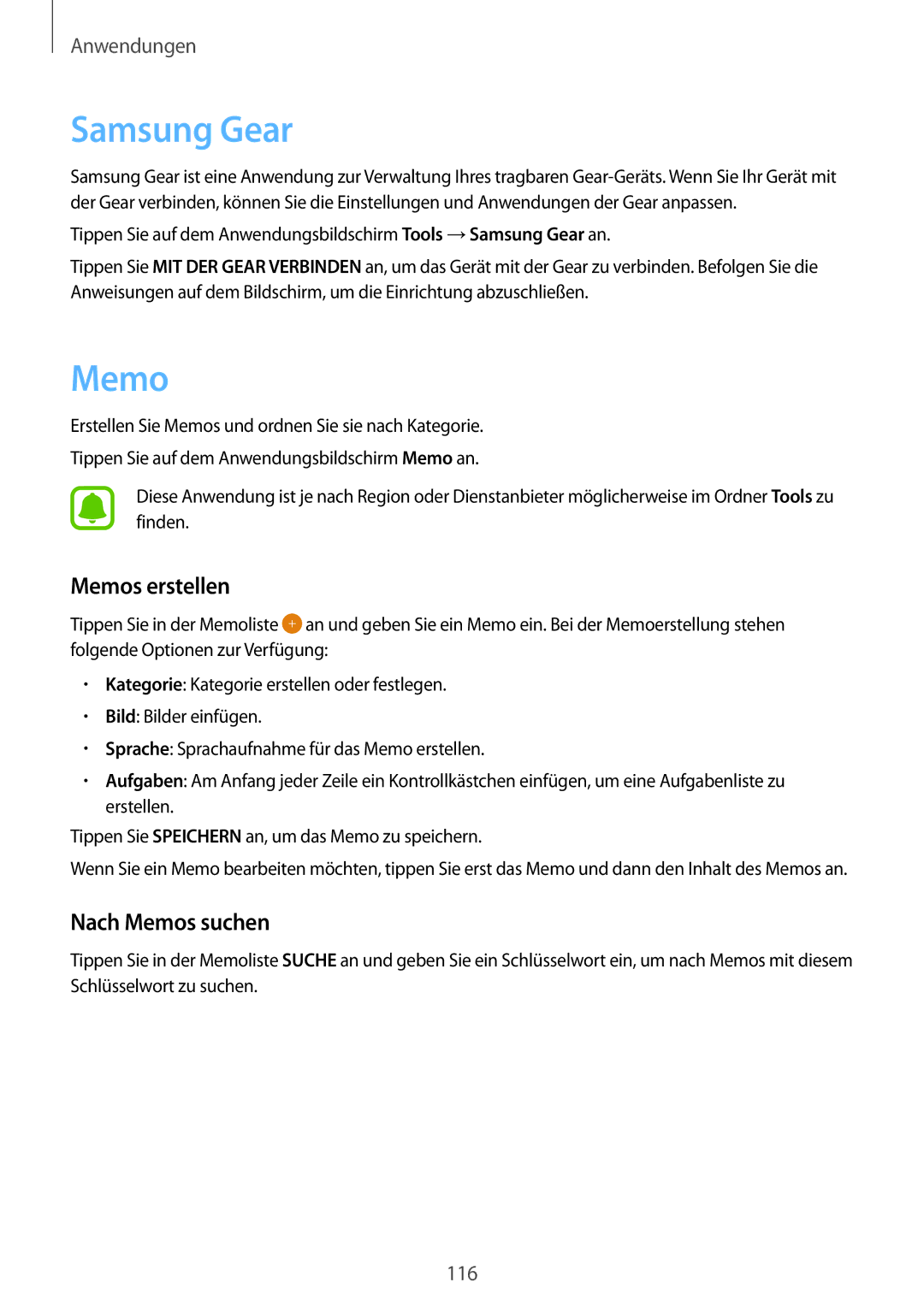 Samsung SM-G928FZDADBT, SM-G928FZKADBT, SM-G928FZSEDBT manual Samsung Gear, Memos erstellen, Nach Memos suchen 