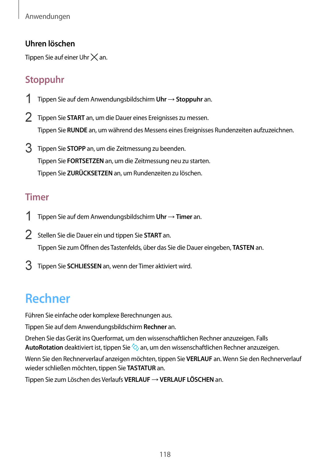 Samsung SM-G928FZSEDBT, SM-G928FZKADBT, SM-G928FZDADBT manual Rechner, Stoppuhr, Timer, Uhren löschen 