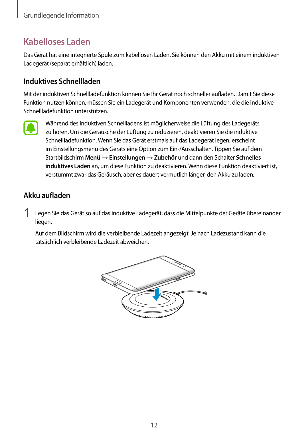 Samsung SM-G928FZKADBT, SM-G928FZSEDBT, SM-G928FZDADBT manual Kabelloses Laden, Induktives Schnellladen, Akku aufladen 