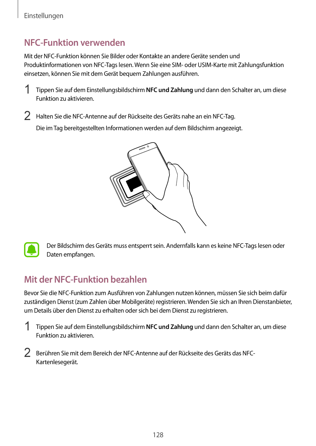 Samsung SM-G928FZDADBT, SM-G928FZKADBT, SM-G928FZSEDBT manual NFC-Funktion verwenden, Mit der NFC-Funktion bezahlen 